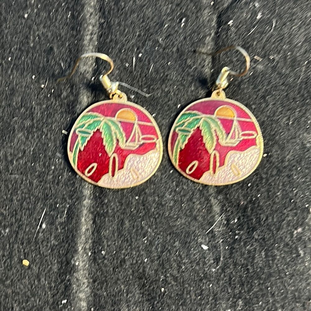 Tropical Scene Enamel Earrings Gold Tone Dangle Drop Beach Jewelry